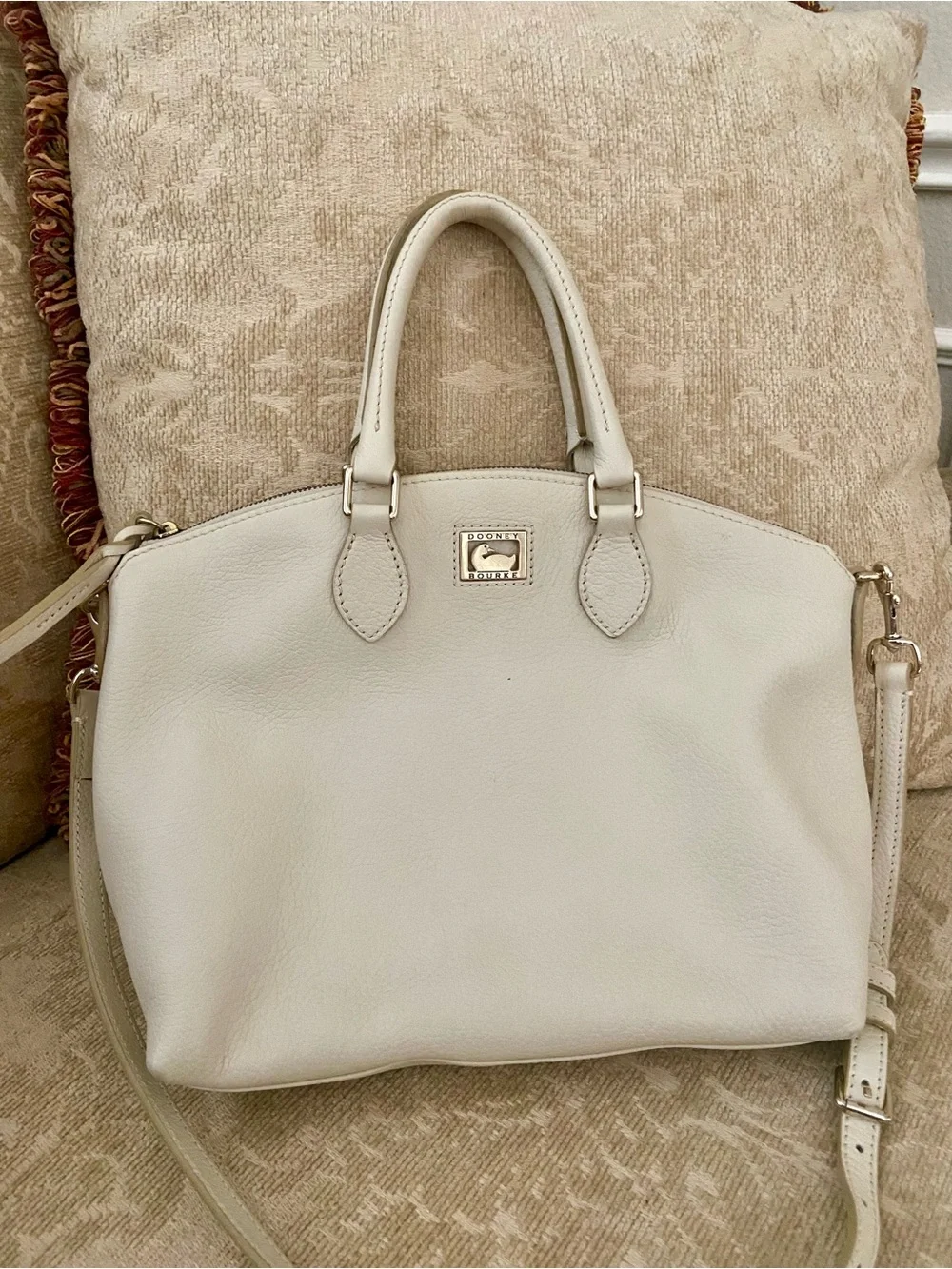 Dooney & Bourke Cream Leather Dome Satchel with Crossbody Strap
